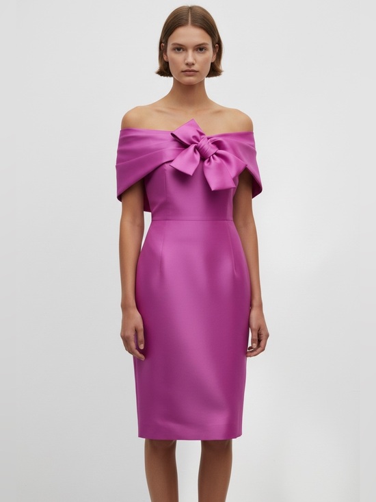 Badgley Mischka Dresses & Skirts - Badgley Mischka Off the Shoulder Bow Front Orchid  Dress Women’s 2